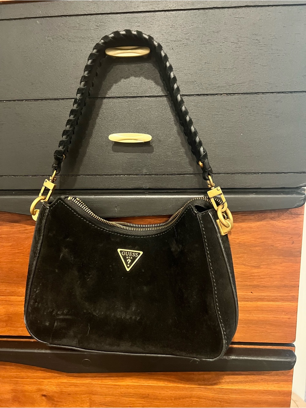 GUESS Black Suede Shoulder Bag with Braided Strap and Gold Hardware